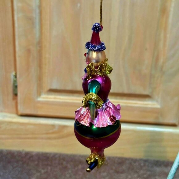 Clown Jester Blown Glass Christmas Ornament Painted Pink Green 6 Inches - Picture 6 of 7